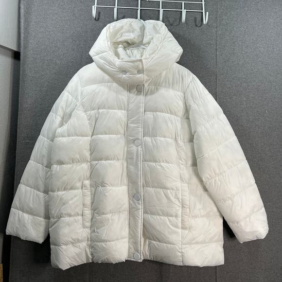 Susan Graver Nylon Cire Water Resistant Hooded Puffer Jacket White Size 2X - Picture 1 of 13